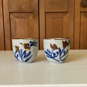 Vintage Handpainted Pottery Teacups Without Handles, Set of 2